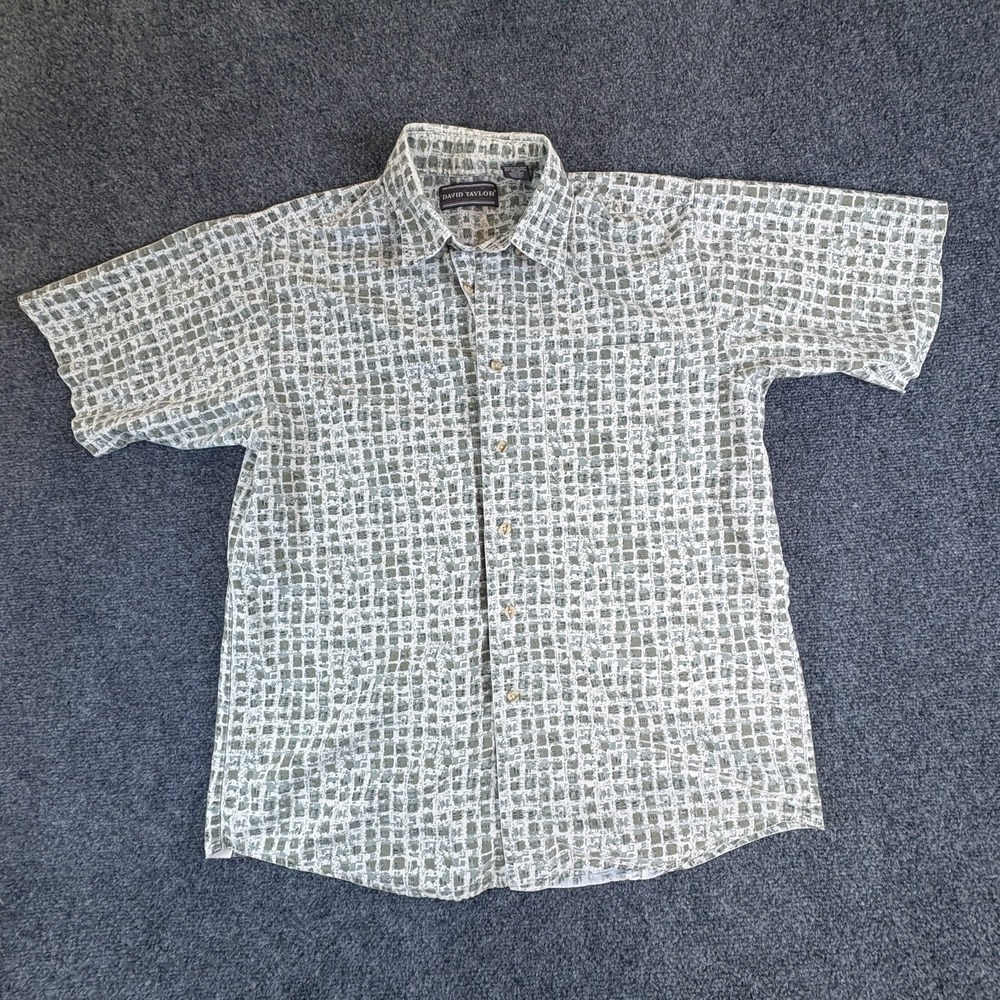 David Taylor‎ Shirt Mens Medium White Cotton Geometric Short Sleeve Button Up